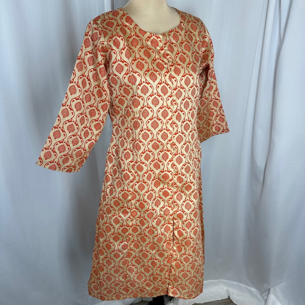 Libas Red Gold Print Kurta Tunic Dress Jacket Damask Sz Large